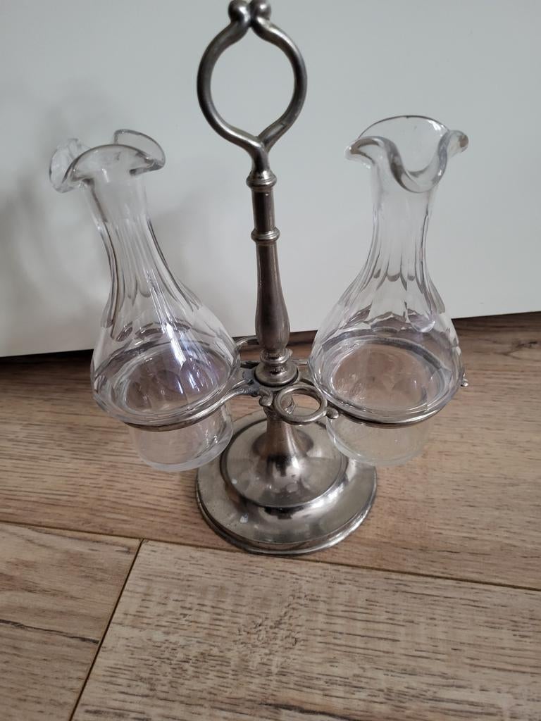 Antieke Olie & Azijnstel - Zilverkleurig met Glazen Flesjes, Antiek en Kunst, Ophalen of Verzenden