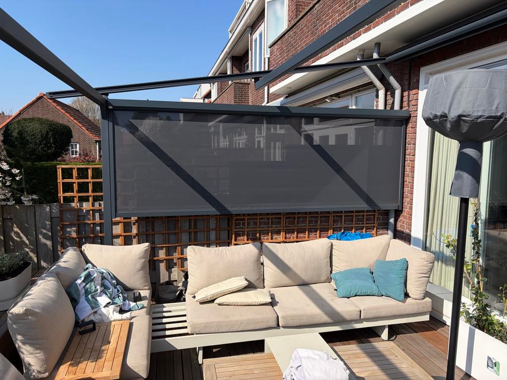 TEAB Zonnescherm antraciet 400x100cm met Somfy motor, Ophalen, Elektrisch, Zo goed als nieuw, 250 cm tot 450 cm