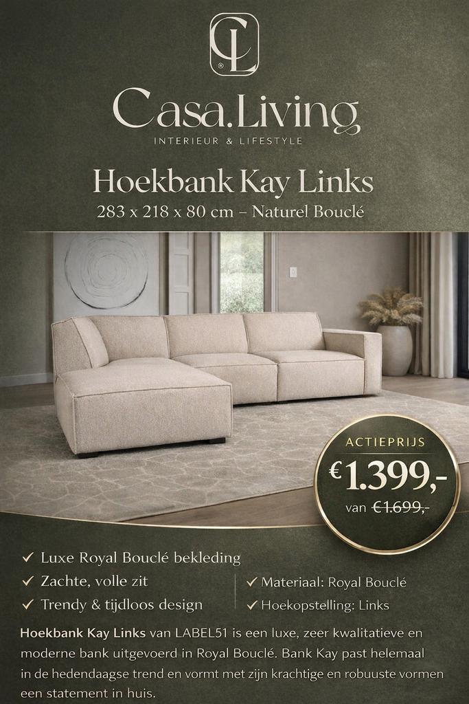 Nieuwe Hoekbank Kay Links - Luxe Royal Bouclé, Huis en Inrichting, Banken | Bankstellen, 250 tot 300 cm, Hoekbank, Nieuw, Ophalen of Verzenden