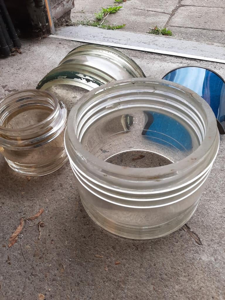 Antieke scheepslamp onderdelen - Glas en blauw filter, Ophalen
