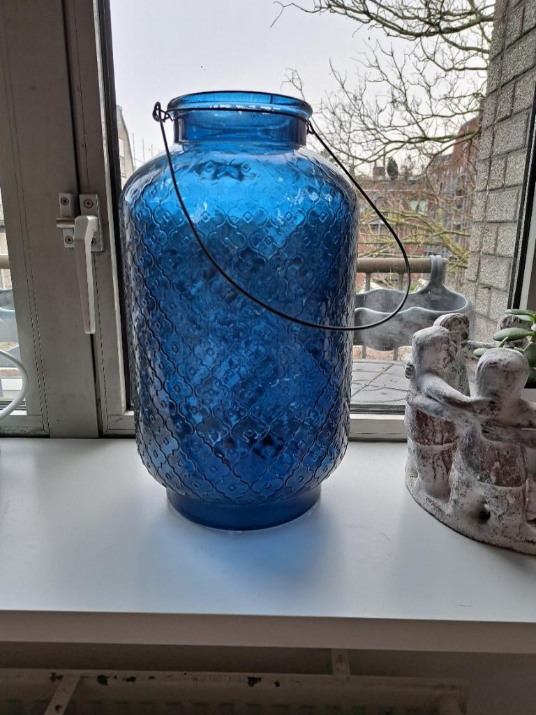 Grote blauwe vaas /lampion, 38 cm hoog, Ophalen, Blauw, Minder dan 50 cm, Glas