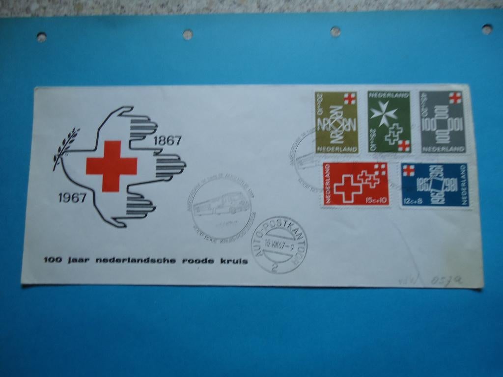 100 jaar Ned. Rode Kruis en Kaart met auto postkantoor, Postzegels en Munten, Ophalen of Verzenden, Gestempeld