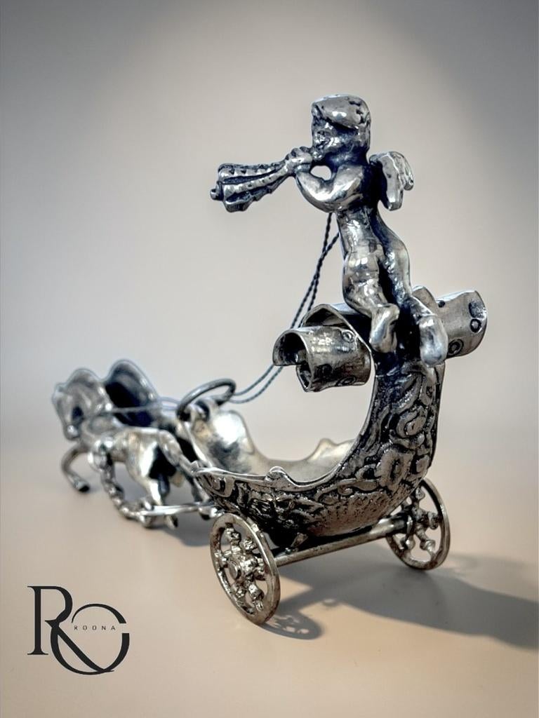 Zilveren miniatuur koets met paarden en engel 835, Antiek en Kunst, Ophalen of Verzenden, Zilver