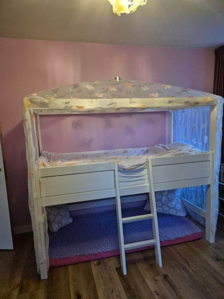 Wit Lifetime Hemelbed Halfhoogslaper zeer compleet., Ophalen, Zo goed als nieuw, Halfhoogslaper