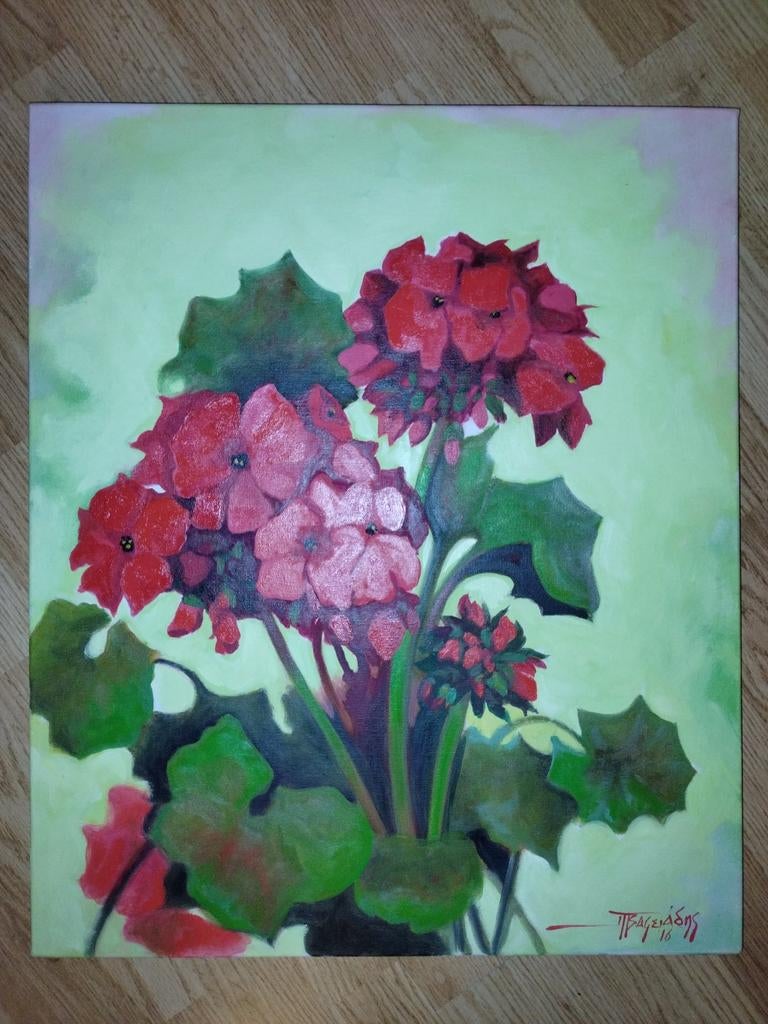 Rode geranium (Acrylverf op doek) 50x60 door Π Βαφειάδης, Antiek en Kunst, Kunst | Schilderijen | Klassiek, Ophalen