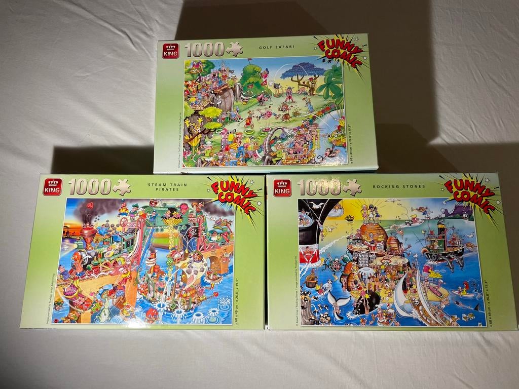 Puzzels 3x 1000 stukjes. King Funny comic, Ophalen of Verzenden, 500 t/m 1500 stukjes, Zo goed als nieuw