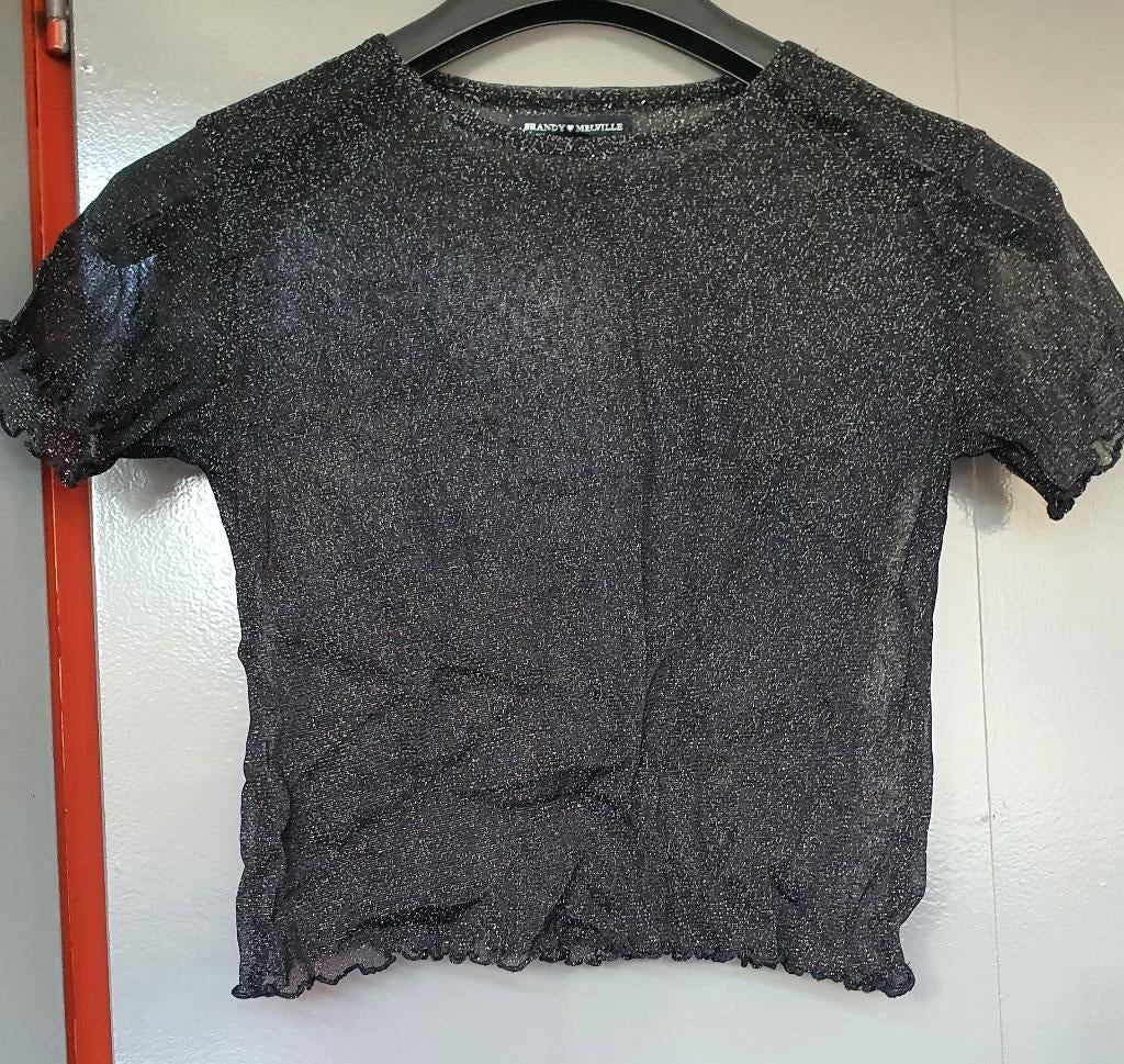 Brandy Melville zwarte glitter croptop – mesh, Ophalen of Verzenden, Zo goed als nieuw, Zwart, Zonder mouw
