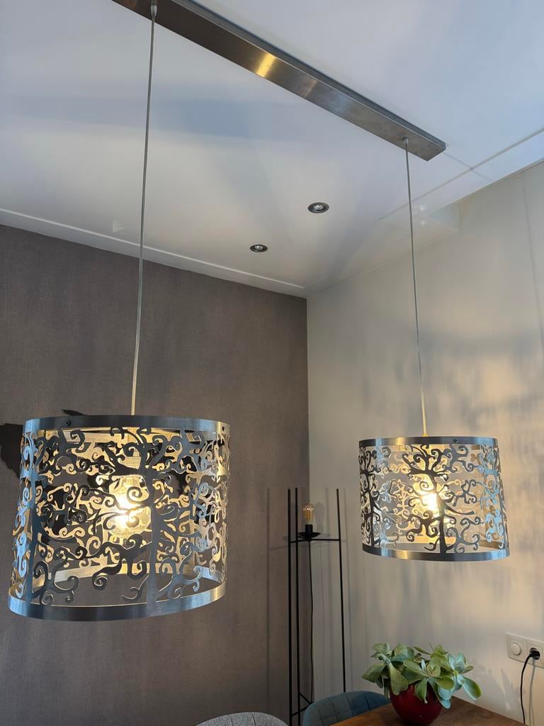 Hanglampen geborsteld staal met boommotief, Ophalen, Zo goed als nieuw, Metaal, Minder dan 50 cm