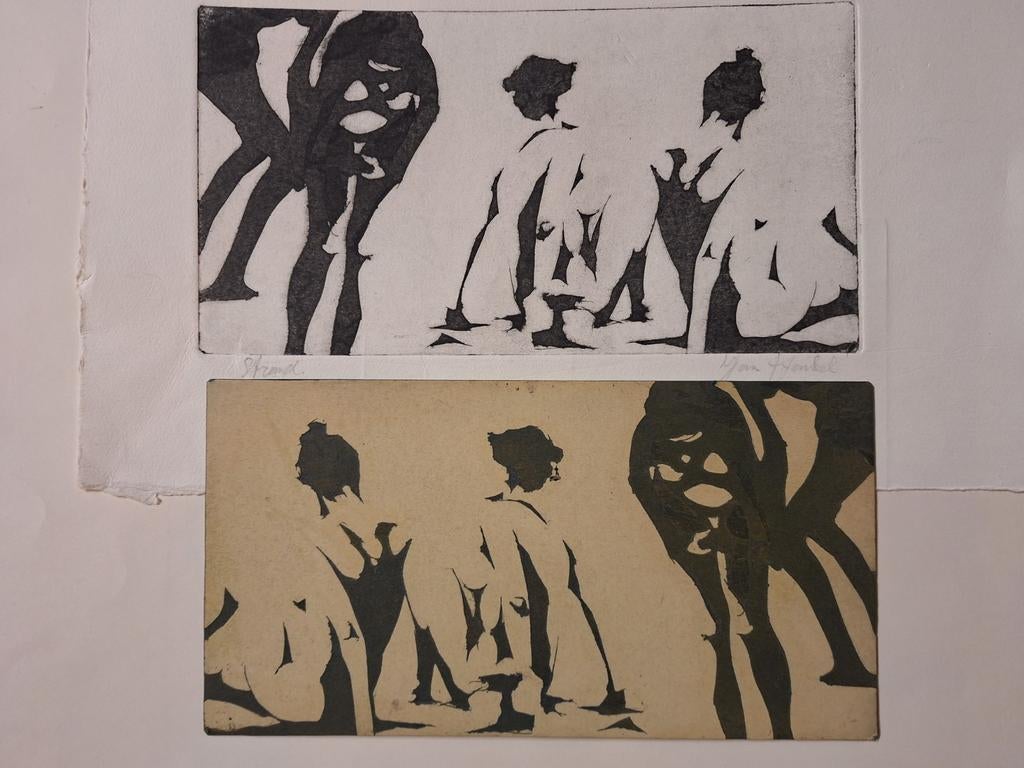 Etsplaat: met ets Naakt op Strand, Antiek en Kunst, Ophalen of Verzenden