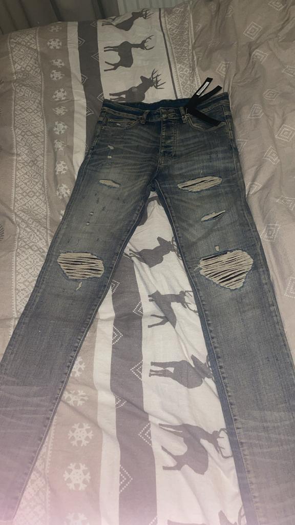 Amiri MX1 Leather Patch Jeans Maat 30, Ophalen of Verzenden, Zo goed als nieuw, Blauw, W32 (confectie 46) of kleiner