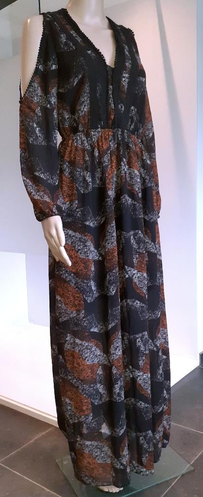 Lange jurk met blote schouders zwart bruin kaftan boho H&M, Zwart, Nieuw, Ophalen of Verzenden, Maat 34 (XS) of kleiner