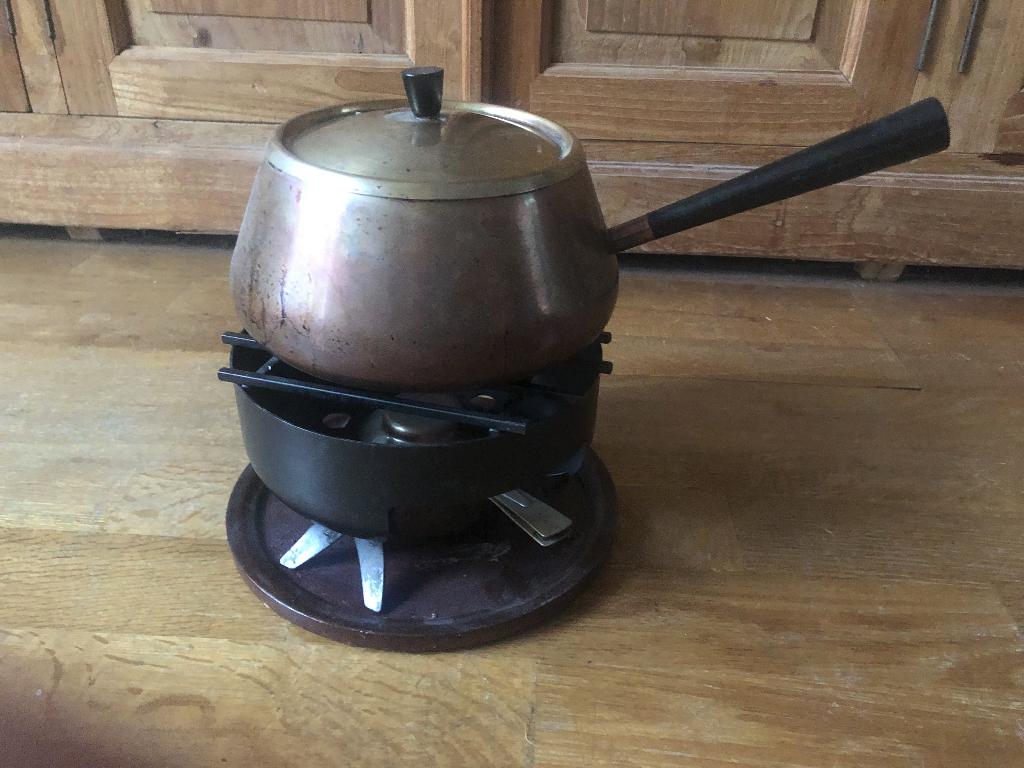 Koperen Fonduepan met Brander en bodemplaat, Ophalen of Verzenden, Gebruikt, Brander, Fonduepan