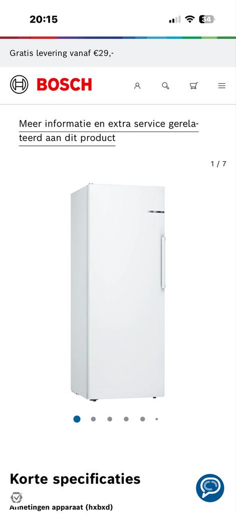 Vrijstaande Bosch Koelkast, Ophalen, Zonder vriesvak, 200 liter of meer, 60 cm of meer