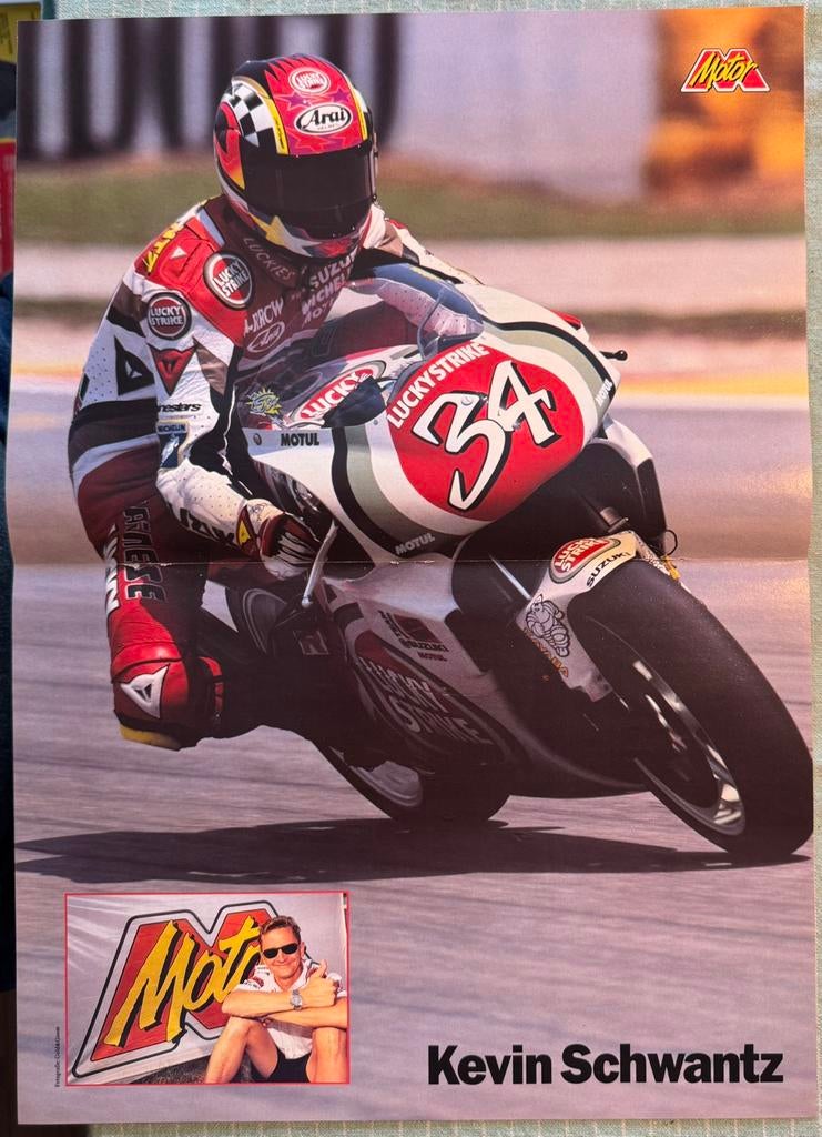 Poster 1995 Kevin Schwantz op Suzuki Lucky Strike, Verzenden, Zo goed als nieuw, Motoren