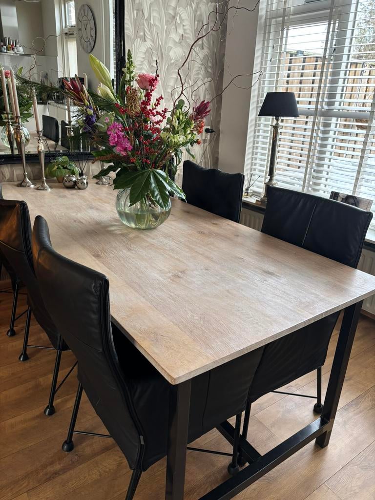 Eettafel eikenhouten blad. Afm. 2.20 x 0.90 m, 200 cm of meer, Zo goed als nieuw, Rechthoekig, 50 tot 100 cm