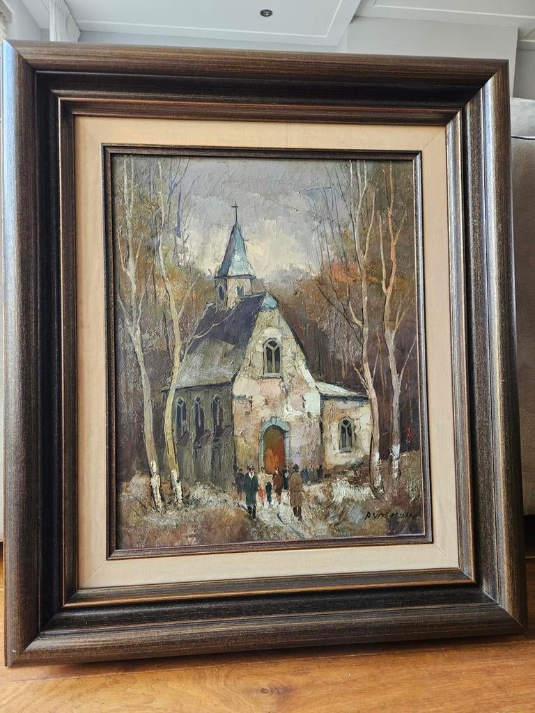 Schilderij met kerk en kerkgangers, Ophalen of Verzenden