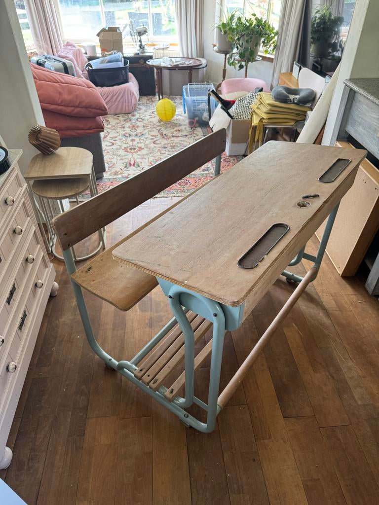 Vintage retro schoolbank lessenaar zeegroen, Ophalen, Gebruikt, Tafel(s) en Stoel(en)