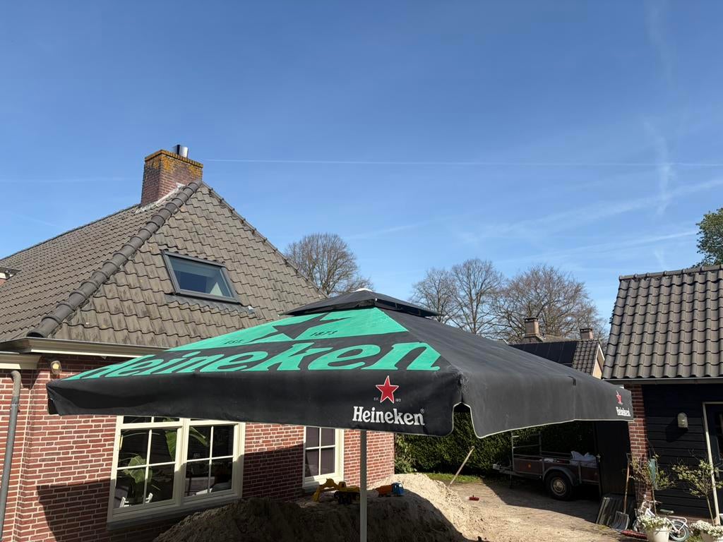 XL Heineken Horeca Parasol 5x5 meter, Ophalen, Gebruikt, Meer dan 4 meter
