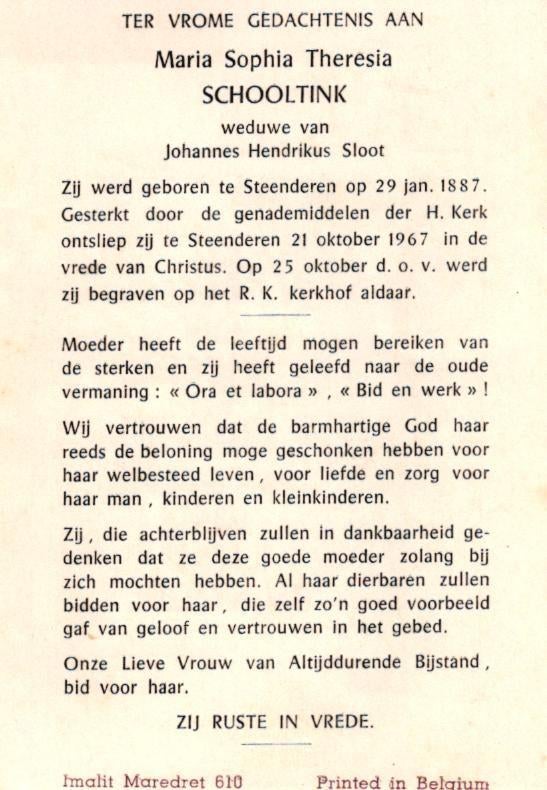 Schooltink Maria Sophia Theresia 1887-1967 Steenderen, Verzamelen, Ophalen of Verzenden