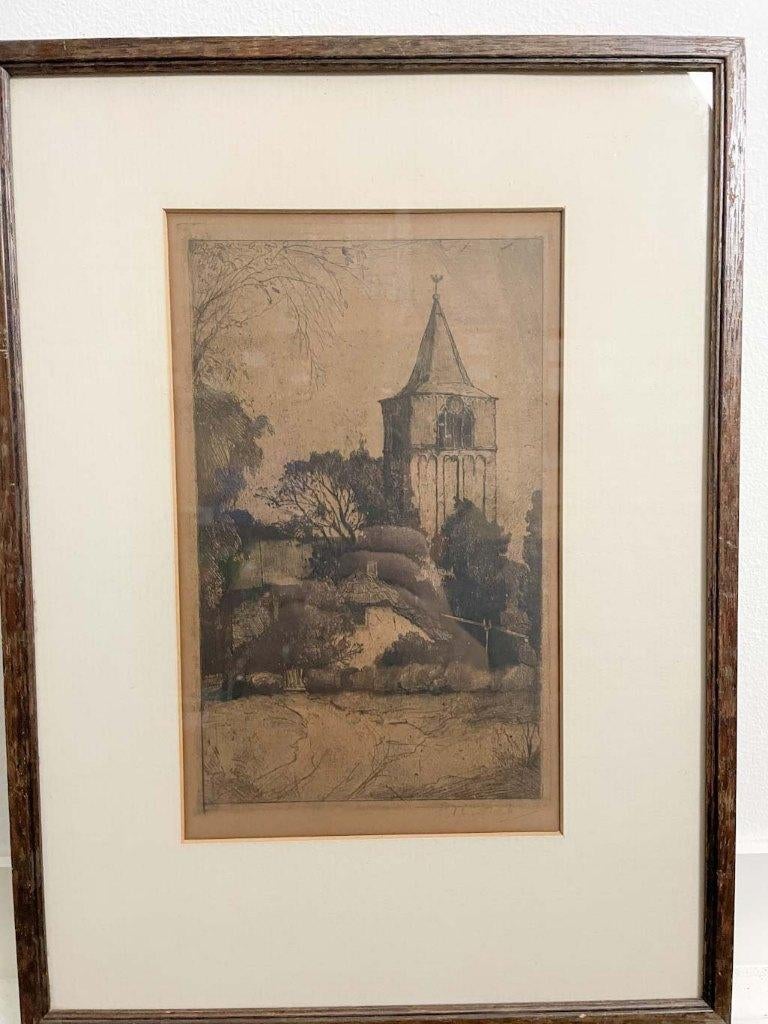 Arend Jan van Driesten ( 1878-1969) ets kerktoren, Antiek en Kunst, Ingelijst, Ets, Ophalen of Verzenden, Landschap