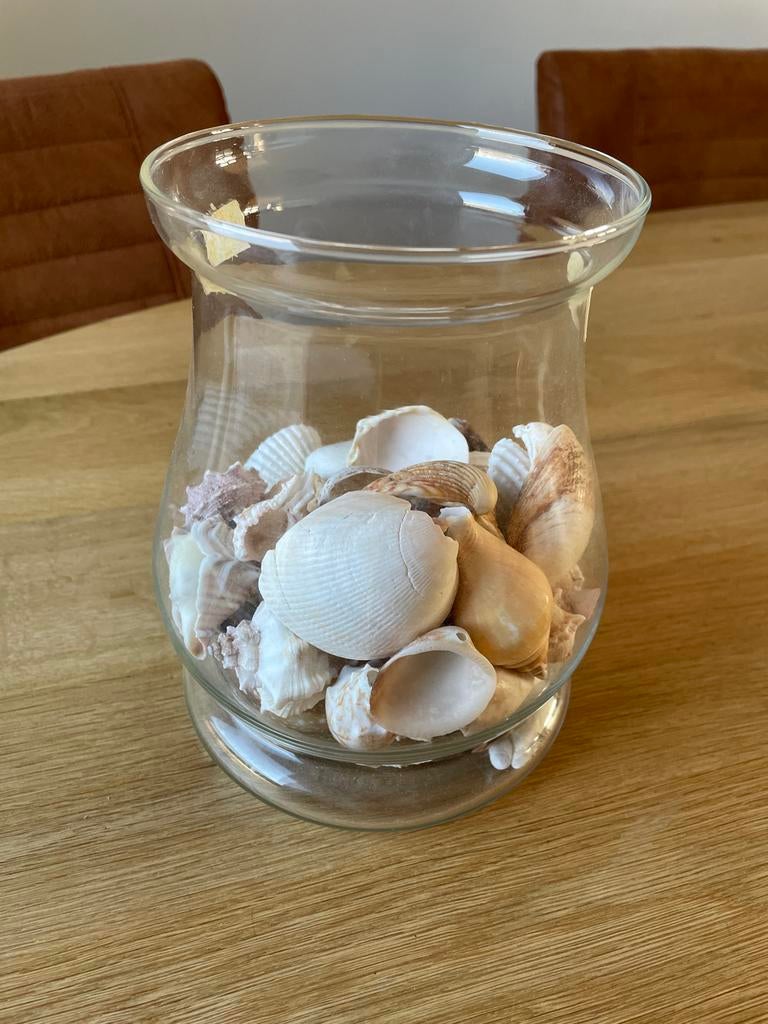 Glazen pot met decoratieve schelpen, Ophalen, Gebruikt
