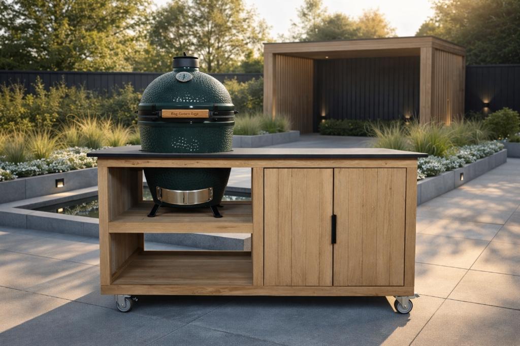 Compacte Luxe Massief Eiken BBQ-Meubel Incl. Graniet, Maatwerk, Houtskool, Nieuw, Ophalen of Verzenden