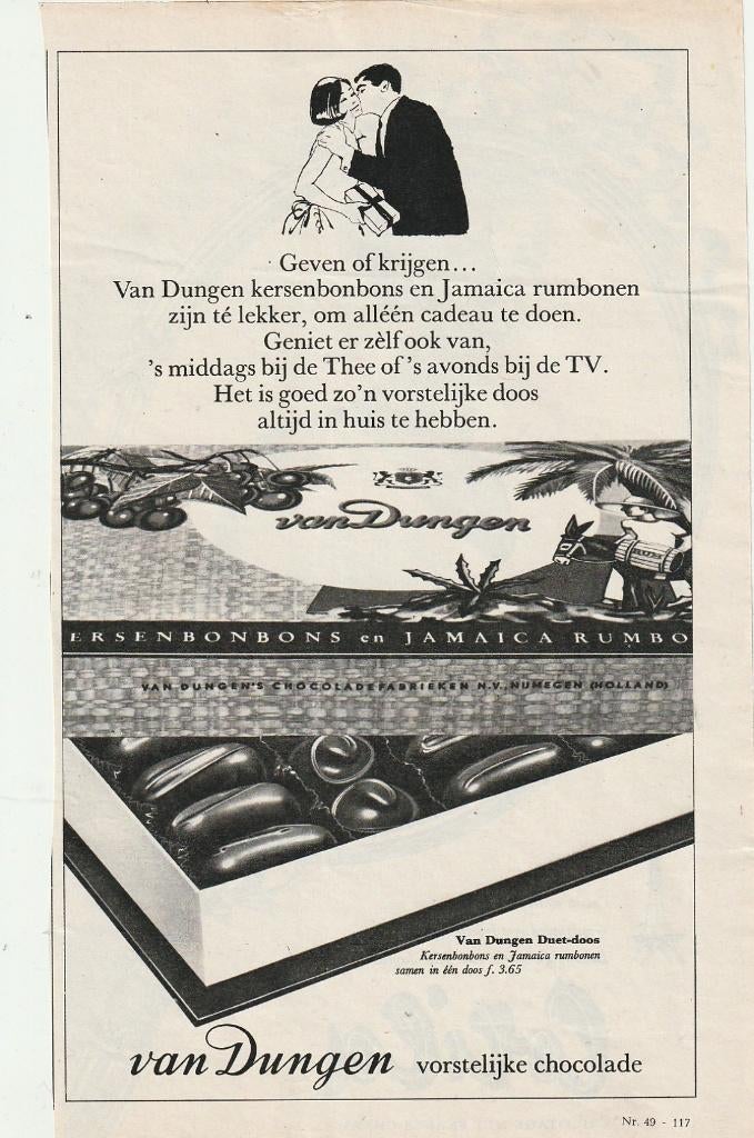 retro reclame 1966 Van Dungen chocolade geven of krijgen, Verzenden, Overige typen