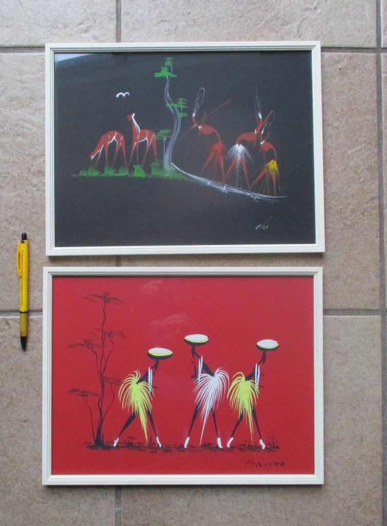 Primitief tekening schilderij gouache vintage Afrika, Ophalen of Verzenden