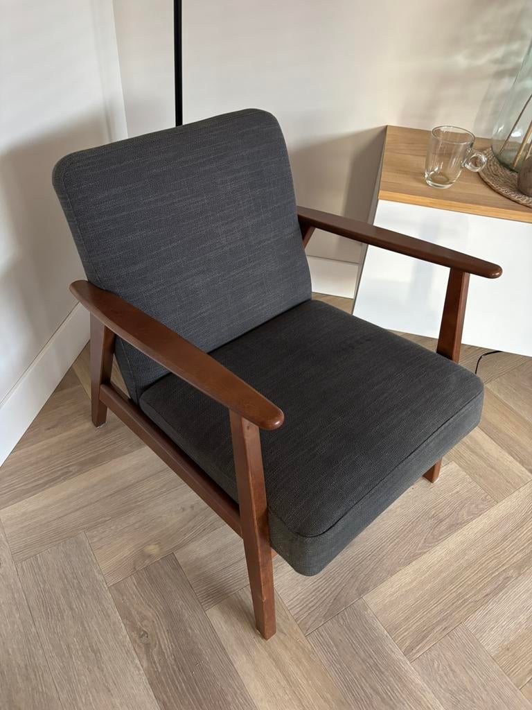 IKEA EKENÄSET retro stoel grijze bekleding, Huis en Inrichting, Fauteuils, Ophalen, Gebruikt, 75 tot 100 cm, Stof