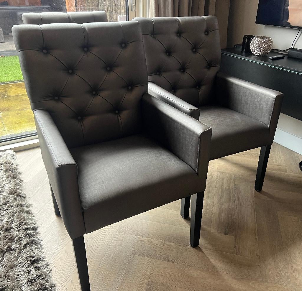 4x Luxe eetkamerstoelen (Erik Kuster stijl), Huis en Inrichting, Stoelen, Gebruikt, Vier, Hout, Leer, Stof, Overige kleuren, Ophalen