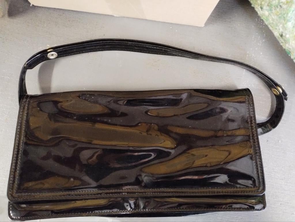 Vintage zwarte lak handtas, Sieraden, Tassen en Uiterlijk, Ophalen of Verzenden, Gebruikt, Zwart, Handtas