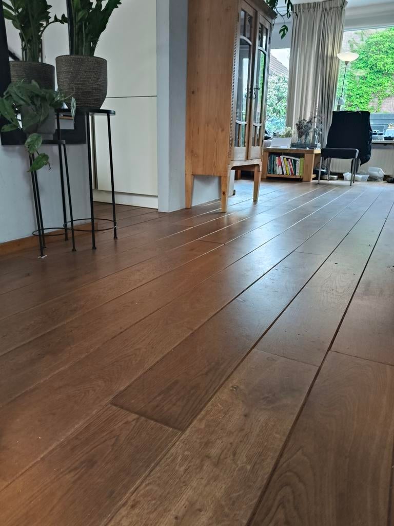 Massief Eiken Houten Vloer - ca. 45m2 - Mes en Groef, Parket, Gebruikt, Bruin, Ophalen of Verzenden