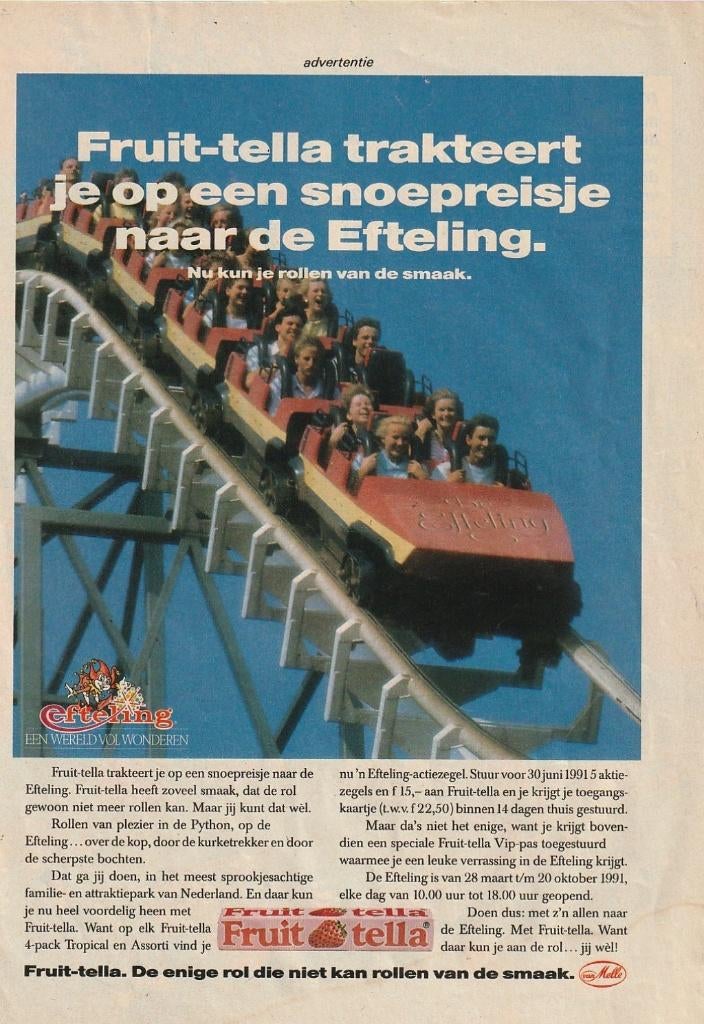 Retro reclame 1991 Fruit-tella naar pretpark Efteling, Verzamelen, Retro, Verzenden, Overige typen
