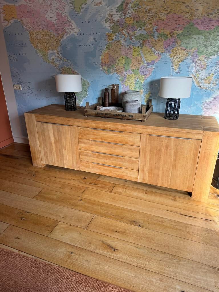 Massief eiken dressoir met lades en deuren, Ophalen of Verzenden, Zo goed als nieuw, 200 cm of meer, Met lade(s)