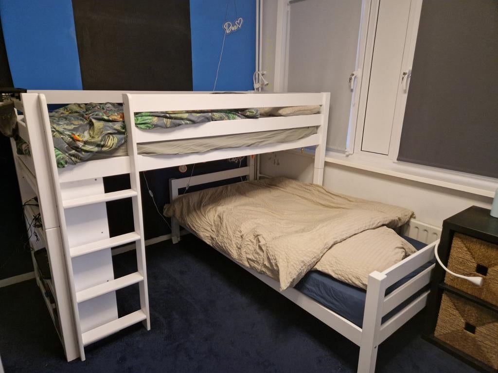 Stapelbed Phillip wit beukenhout met kast - 90x200 cm, Ophalen, Zo goed als nieuw, Stapelbed