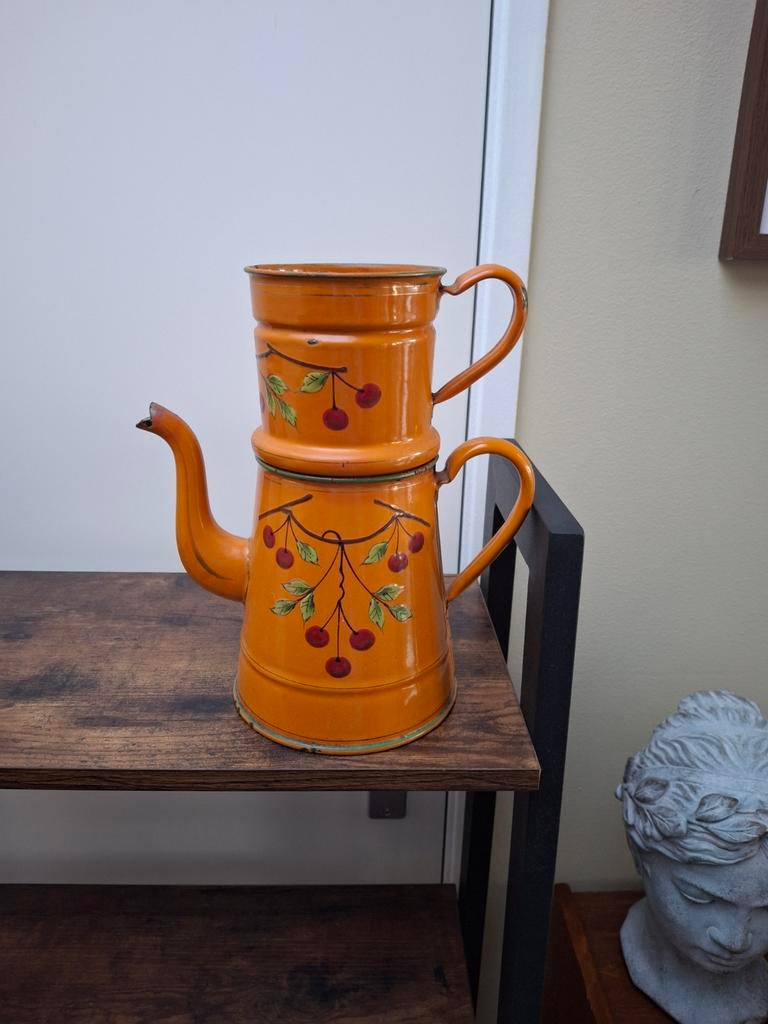 Franse emaille koffiepot cafetière met kersen decor, Ophalen of Verzenden