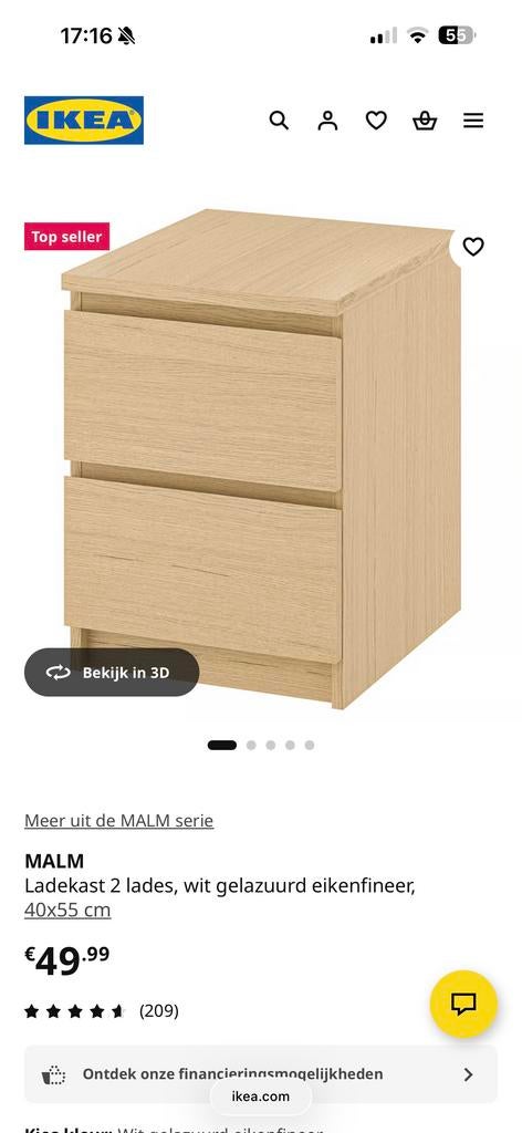 2x Ikea MALM ladekastje, wit gelazuurd eikenfineer, Ophalen, Gebruikt, Minder dan 45 cm, 55 tot 70 cm
