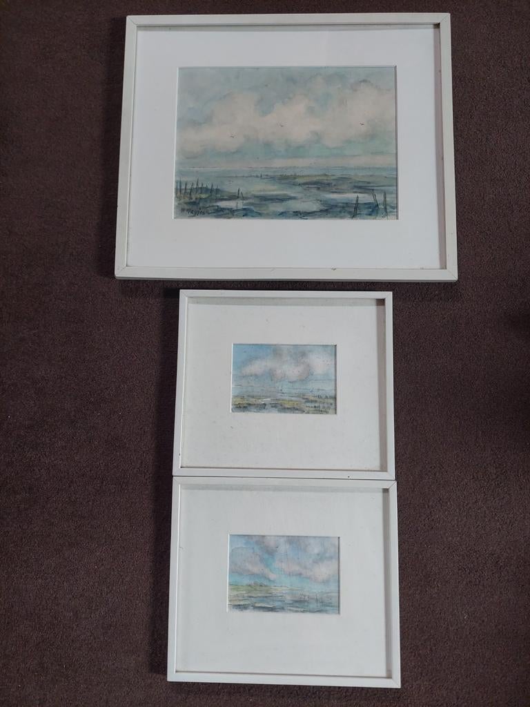 Drie aquarellen zeegezichten-wadden, Ophalen of Verzenden