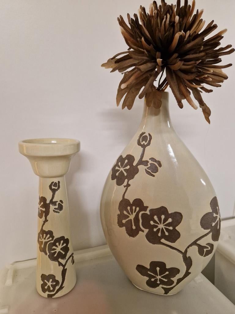 Mooie set: robuuste  vaas en kandelaar incl bloem, Huis en Inrichting, Woonaccessoires | Vazen, Overige kleuren, Aardewerk of Porselein