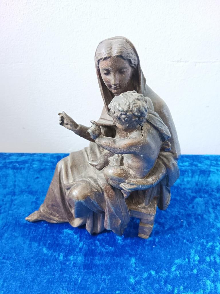 Antiek Zamak Beeld: Maria met Baby Jezus, begin 1900, Minder dan 20 cm, Ophalen of Verzenden, Beeld, Bruin