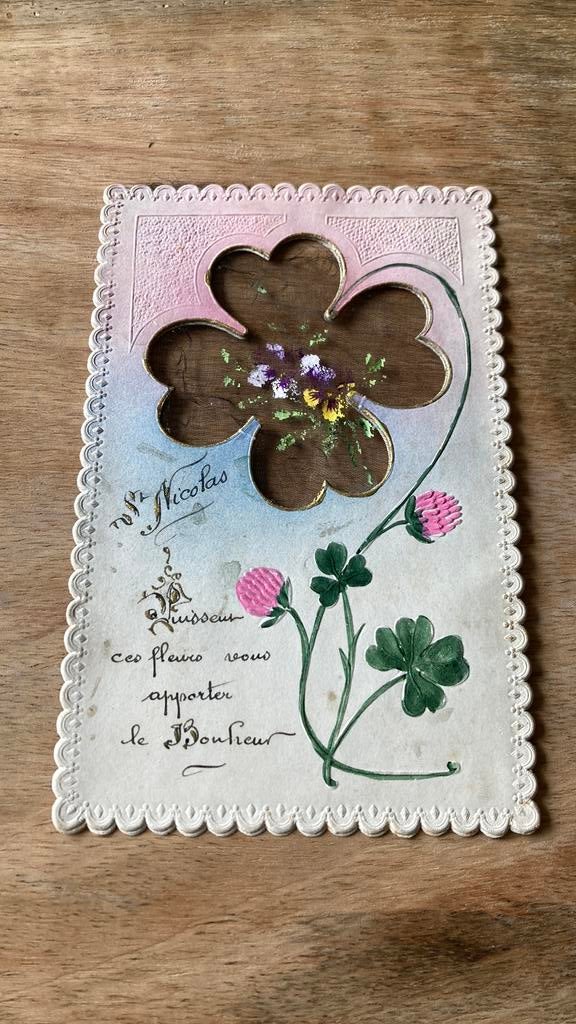 Oude ansichtkaart Sinterklaas geborduurd zelfgemaakt, Ophalen of Verzenden, Voor 1920, Gelopen