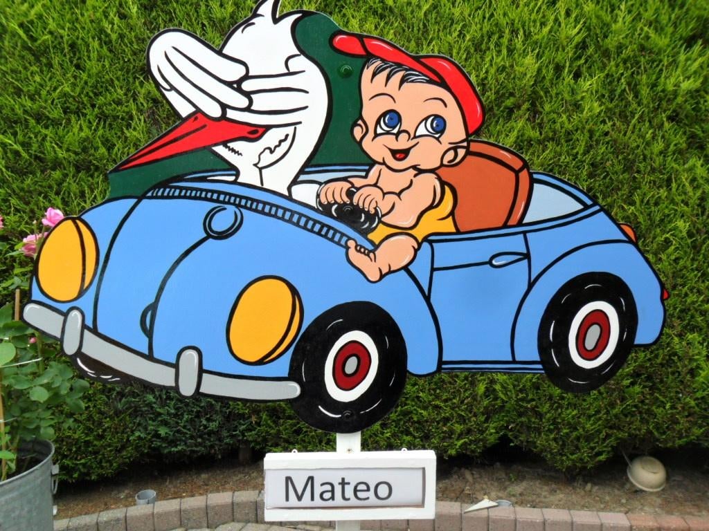 Geboortebord baby en ooievaar in blauwe auto., Kinderen en Baby's, Ophalen, Nieuw, Geboortebord