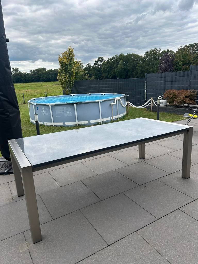 RVS tuintafel met granieten blad - 216x100x74,5 cm, Ophalen, Gebruikt, Rechthoekig, Rvs