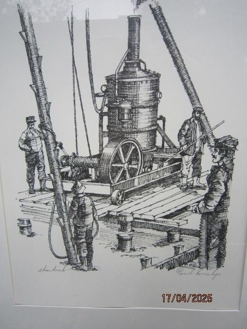 Paul Kerrebijn, Steendruk mensen bij een stoommachine, Ophalen of Verzenden