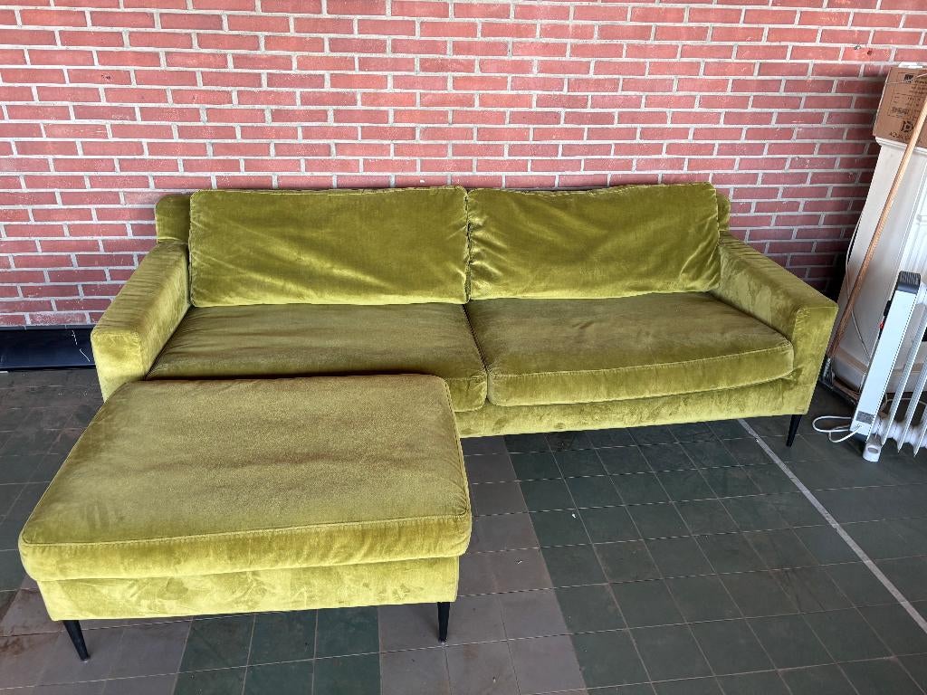 Donkergroene Velvet Bank met Hocker, Ophalen, Gebruikt, 150 tot 200 cm, Driepersoons