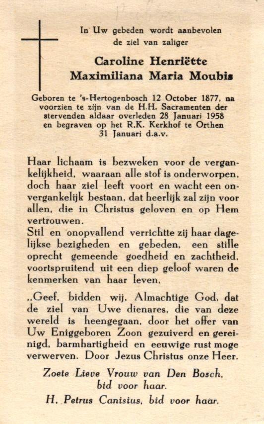 Moubis Caroline H.M.M. 's-Hertogenbosch 1877-1958 Orthen, Ophalen of Verzenden