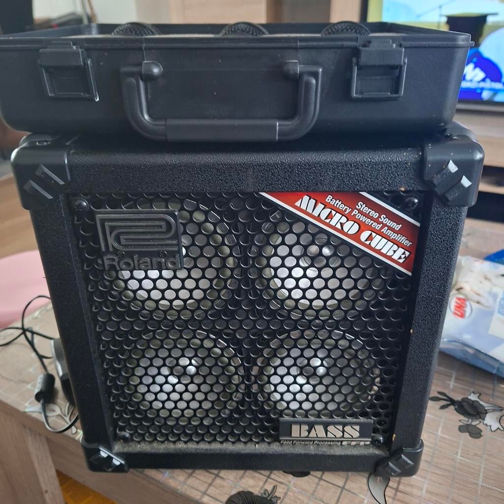 Roland Micro Cube Bass RX versterker met 3 microfoons, Ophalen of Verzenden, Gebruikt, Zangmicrofoon