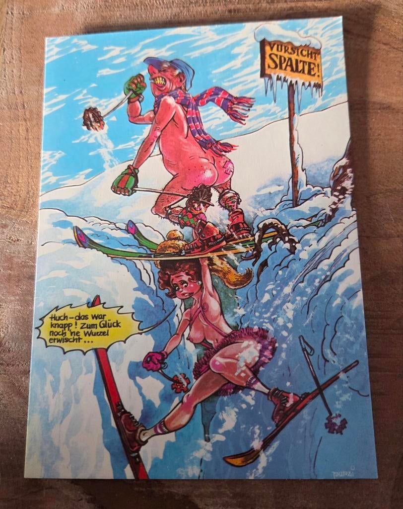 Blote skiërs krijgen ongeluk - humor, Verzamelen, Ansichtkaarten | Themakaarten, Verzenden, 1980 tot heden, Ongelopen, Overige thema's
