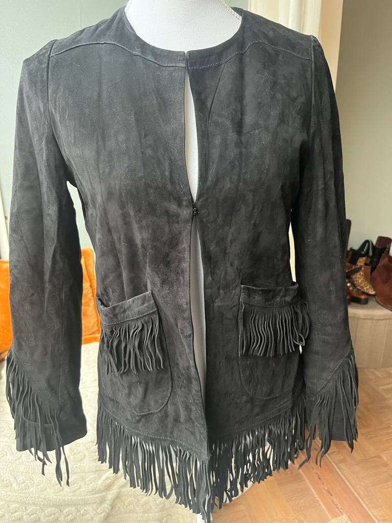 Maje leren jas met franjes - Maat 36, Zwart, Ophalen of Verzenden, Zo goed als nieuw, Jasje