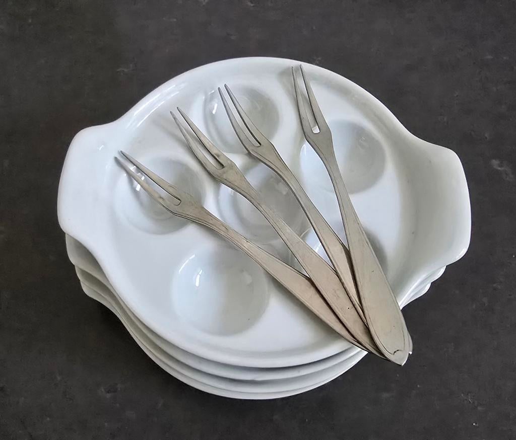 Escargotbordjes met vorkjes, Ophalen of Verzenden, Zo goed als nieuw, Rvs of Chroom